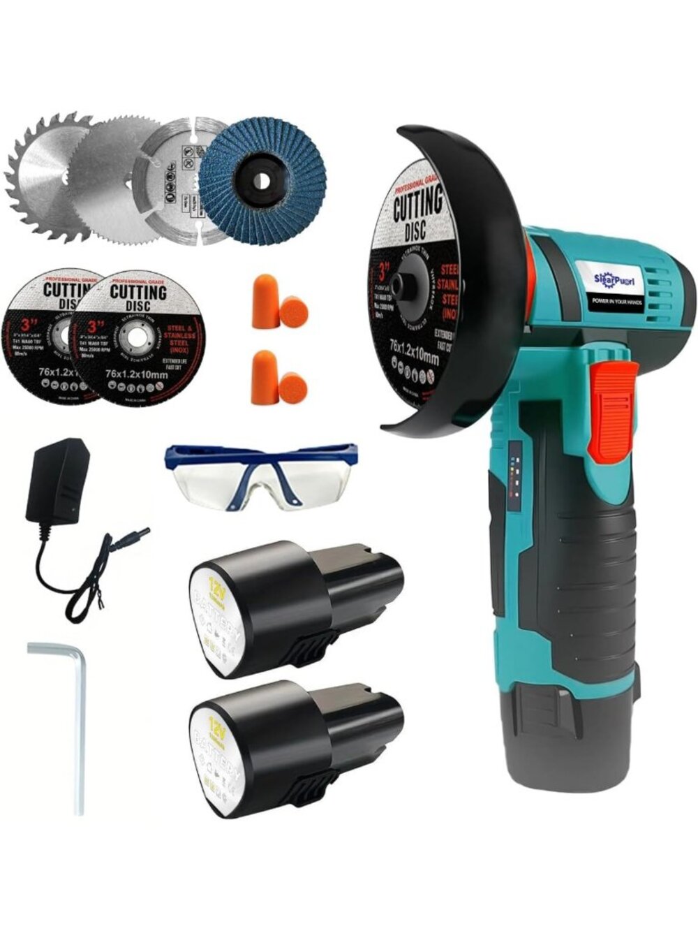 Cordless Mini Angle Grinder 19500 RPM, 12V Brushless Tool, 2 Batteries